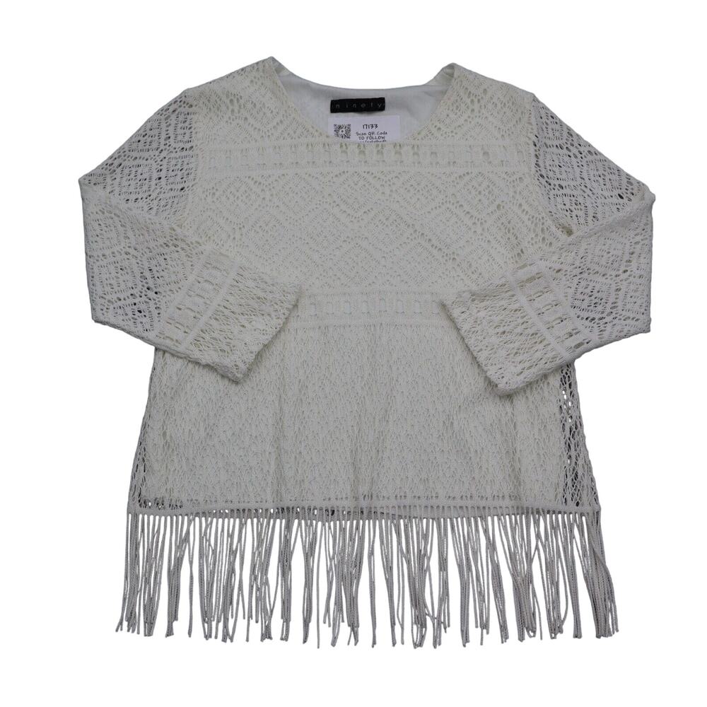 Ninety Shirt Womens S White Lace Long Sleeve Round Neck Fringe Hem Casual Blouse